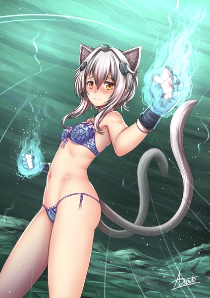 Anime picture 1240x1754 with highschool dxd toujou koneko adsouto single tall image looking at viewer blush fringe short hair light erotic hair between eyes signed animal ears yellow eyes payot silver hair ahoge outdoors tail animal tail