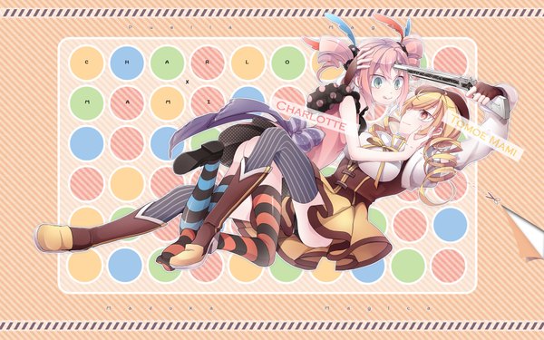 Anime picture 2000x1251 with mahou shoujo madoka magica shaft (studio) tomoe mami iku1539 iku2727 highres blonde hair wide image multiple girls brown eyes green eyes pink hair drill hair striped striped background girl thighhighs weapon 2 girls hat