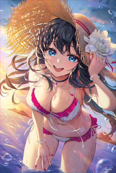 Anime picture 2946x4387 with original heartki single long hair tall image looking at viewer blush fringe highres breasts open mouth blue eyes light erotic black hair smile large breasts standing signed sky cleavage