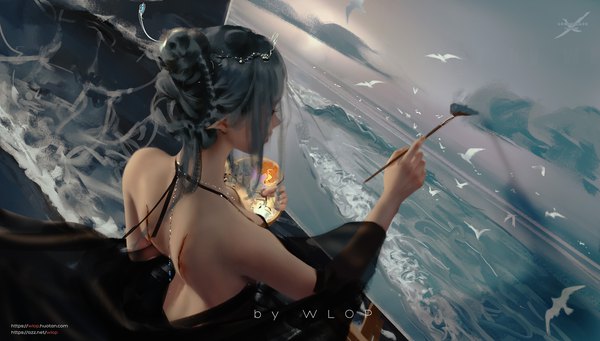 Anime picture 1992x1132 with ghost blade yan (ghost blade) wlop single fringe highres short hair light erotic wide image sitting holding signed payot looking away from above pointy ears grey hair from behind realistic off shoulder