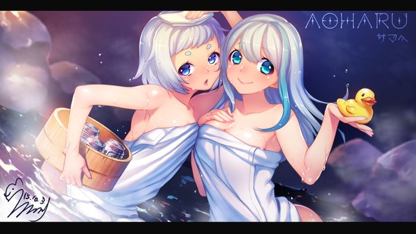 Anime picture 1920x1080 with original motton long hair highres short hair open mouth blue eyes light erotic smile wide image multiple girls white hair multicolored hair two-tone hair eyebrows naked towel girl 2 girls towel onsen