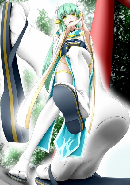 Anime picture 1240x1753 with fate (series) fate/grand order kiyohime (fate) cg17 long hair tall image looking at viewer blush fringe open mouth smile standing yellow eyes full body bent knee (knees) outdoors traditional clothes :d japanese clothes horn (horns)