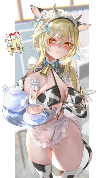 Anime picture 4200x7200 with genshin impact lumine (genshin impact) pottsness single tall image looking at viewer blush fringe highres short hair breasts light erotic blonde hair hair between eyes large breasts standing signed animal ears yellow eyes payot