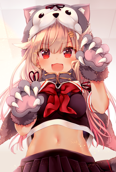 Anime-Bild 785x1164 mit kantai collection yuudachi destroyer konno kengo single long hair tall image looking at viewer blush fringe open mouth blonde hair smile red eyes upper body :d pleated skirt from below short sleeves animal hood claw pose