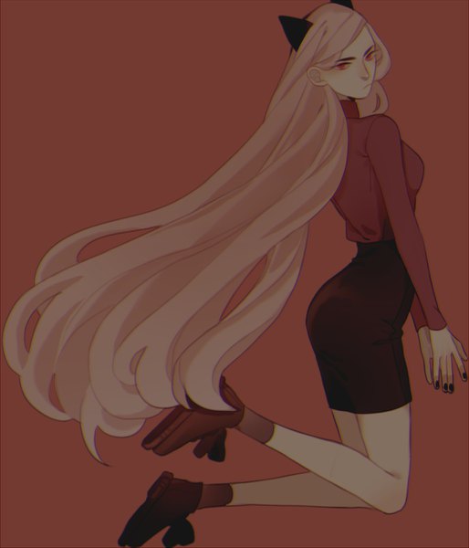 Anime picture 1200x1400 with lerapi single tall image blush breasts blonde hair simple background red eyes very long hair long sleeves nail polish fingernails kneeling girl skirt miniskirt boots