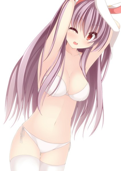 Anime picture 860x1214 with touhou reisen udongein inaba chimunge single long hair tall image blush breasts open mouth light erotic simple background red eyes white background animal ears purple hair one eye closed wink bunny ears underwear only bunny girl