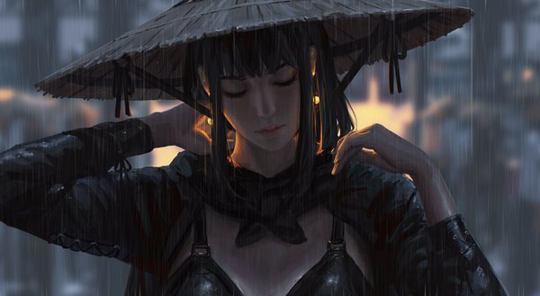 Anime picture 4096x2243 with original guweiz single long hair fringe highres black hair wide image standing payot absurdres upper body outdoors blunt bangs eyes closed lips blurry realistic arms up depth of field