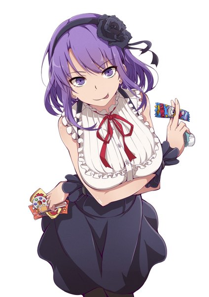 Anime picture 724x1024 with dagashi kashi feel (studio) umaibou shidare hotaru masabodo single tall image looking at viewer short hair light erotic simple background white background purple eyes purple hair girl dress food frills hairband sweets