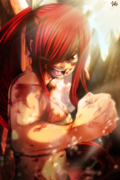 Anime picture 1073x1600 with fairy tail erza scarlet futuretabs single long hair tall image fringe breasts open mouth light erotic red eyes large breasts ponytail red hair sunlight hair over one eye bare belly coloring angry screaming