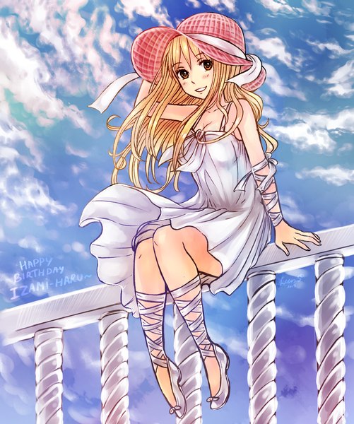 Anime picture 1340x1604 with fairy tail lucy heartfilia leonstar single long hair tall image looking at viewer blonde hair sitting bare shoulders brown eyes sky cloud (clouds) full body bent knee (knees) outdoors parted lips adjusting hat girl dress