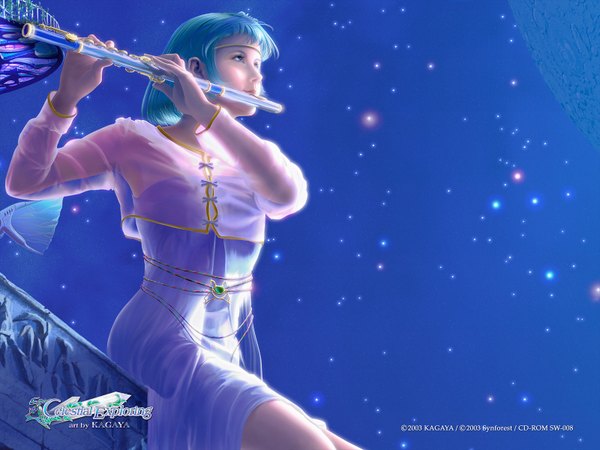 Anime picture 1600x1200 with kagaya single short hair blue hair realistic night night sky 3d girl star (stars) musical instrument flute