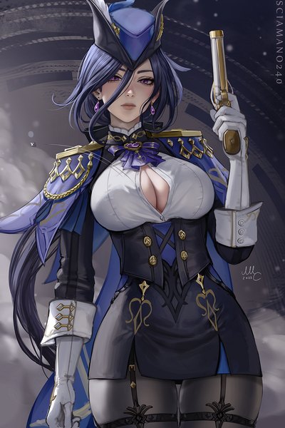 Anime picture 880x1320 with genshin impact clorinde (genshin impact) sciamano240 single long hair tall image looking at viewer breasts light erotic black hair hair between eyes large breasts standing purple eyes holding signed long sleeves arm up dark background low ponytail