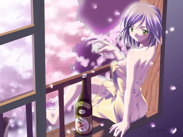 Anime picture 1280x960 with light erotic cherry blossoms naked towel skin tight plant (plants) petals tree (trees) window towel alcohol sake choko (cup)