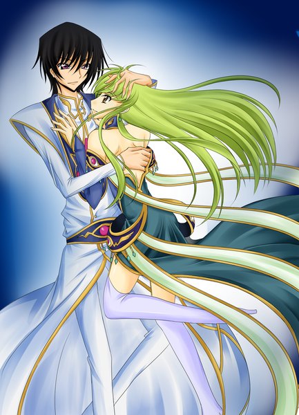 Anime picture 1300x1800 with code geass sunrise (studio) c.c. lelouch lamperouge ccllsaikou long hair tall image fringe short hair black hair purple eyes yellow eyes green hair couple hug girl thighhighs dress boy white thighhighs