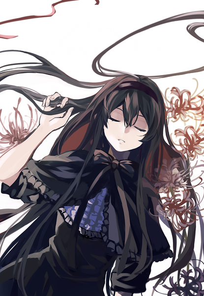 Anime picture 1062x1535 with mahou shoujo madoka magica shaft (studio) akemi homura homulilly zgxuke single long hair tall image fringe black hair hair between eyes white background payot eyes closed parted lips witch holding hair girl dress flower (flowers)