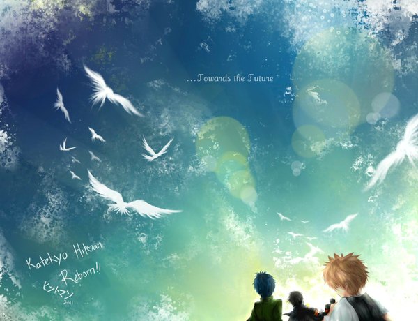 Anime picture 1300x997 with katekyou hitman reborn sawada tsunayoshi hibari kyouya rokudo mukuro aki (pixiv 3492129) short hair black hair brown hair blue hair sky cloud (clouds) from behind sunlight inscription group flying clothes on shoulders boy animal bird (birds)