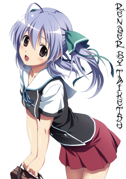 Anime picture 1129x1600 with yumekui merry tachibana isana single long hair tall image blush open mouth twintails brown eyes silver hair inscription short twintails transparent background girl skirt uniform school uniform school bag