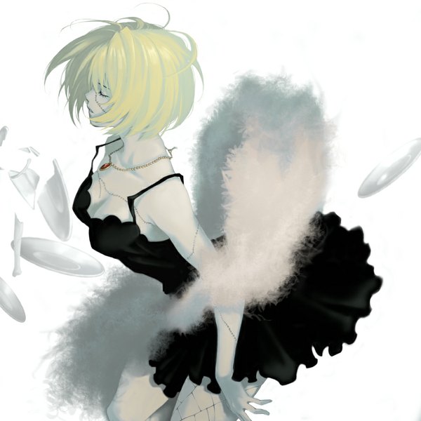 Anime picture 900x900 with one piece toei animation victoria cindry aokoma single fringe short hair breasts simple background white background cleavage eyes closed profile lips scar broken girl dress black dress pendant