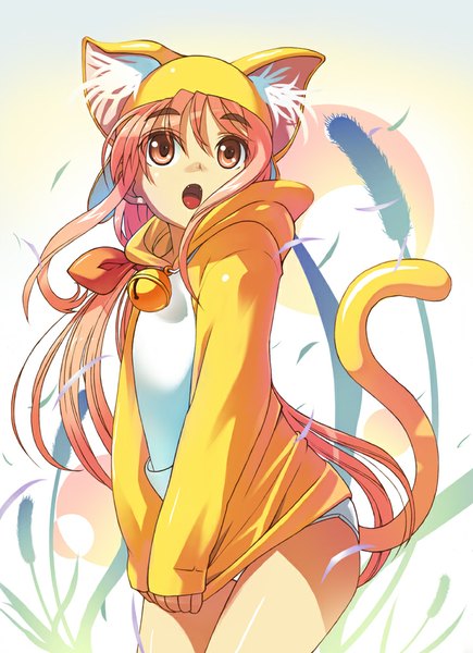 Anime picture 726x1000 with original hirokiku single long hair tall image open mouth animal ears looking away pink hair tail animal tail pink eyes cat ears cat tail girl hood bell jingle bell cattail