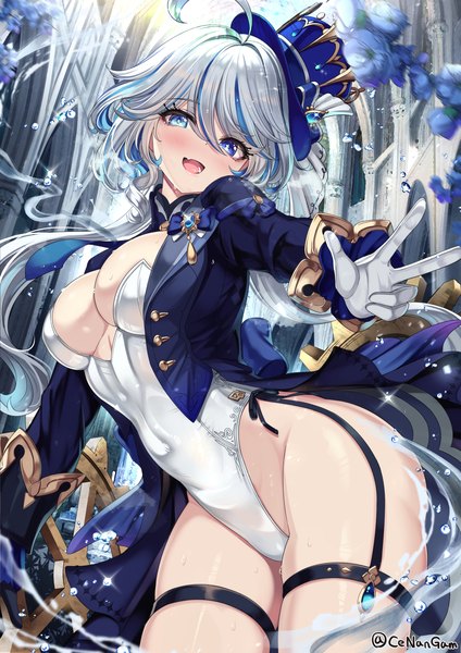 Anime picture 1624x2300 with genshin impact furina (genshin impact) cenangam single long hair tall image looking at viewer blush fringe breasts open mouth blue eyes light erotic hair between eyes large breasts signed silver hair ahoge :d multicolored hair