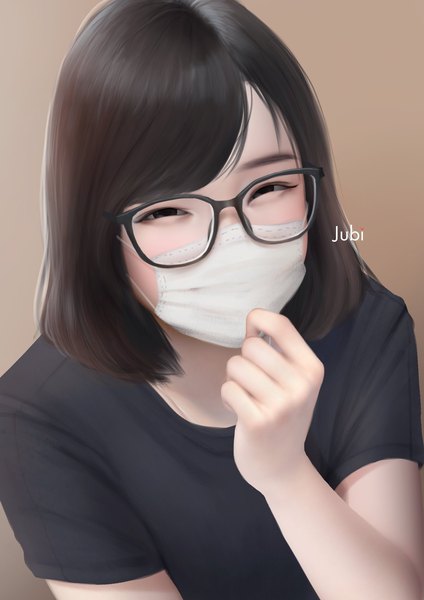 Anime picture 1240x1754 with real life ditta amelia saraswati jubi (regiana) single tall image looking at viewer fringe short hair black hair simple background signed black eyes portrait hand to mouth brown background girl glasses t-shirt surgical mask