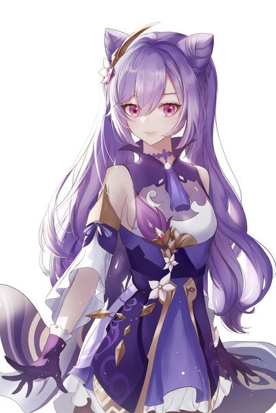 Anime picture 2500x3744 with genshin impact keqing (genshin impact) echoz single long hair tall image looking at viewer blush fringe highres breasts simple background hair between eyes standing white background purple eyes twintails payot purple hair hair bun (hair buns)