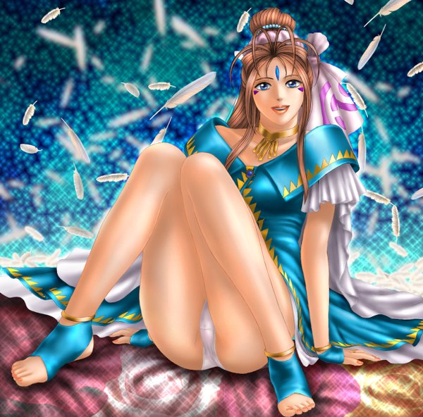 Anime picture 1216x1200 with aa megami-sama anime international company belldandy toten (artist) long hair looking at viewer blush fringe breasts open mouth blue eyes light erotic blonde hair sitting light smile lips arm support pantyshot lipstick pantyshot sitting