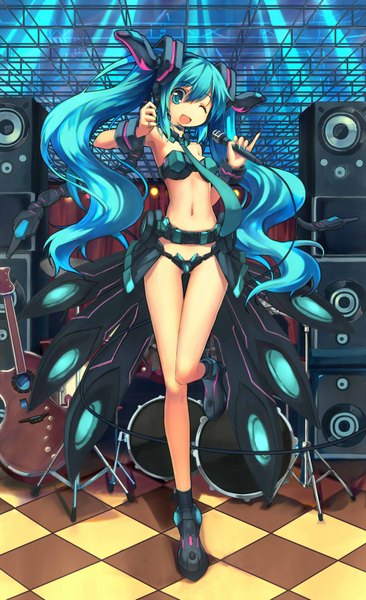 Anime picture 1100x1800 with vocaloid hatsune miku hoshi no gen single long hair tall image open mouth blue eyes light erotic smile twintails blue hair one eye closed wink legs girl navel microphone guitar speakers