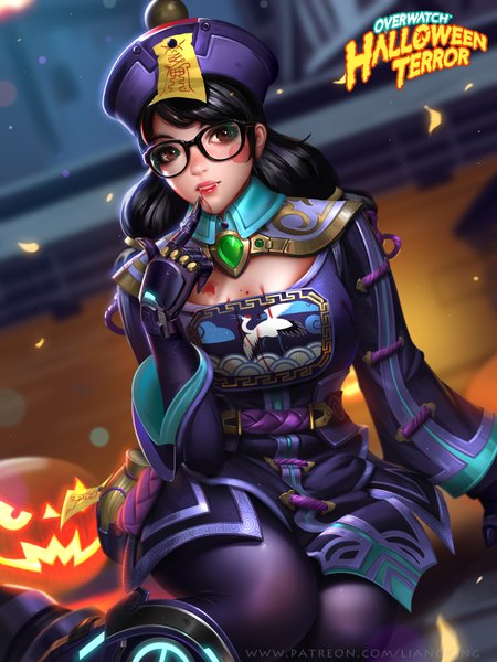 Anime picture 6000x8000 with overwatch blizzard entertainment mei (overwatch) jiangshi mei liang xing single long hair tall image fringe highres black hair sitting twintails brown eyes signed looking away absurdres traditional clothes realistic fang (fangs)
