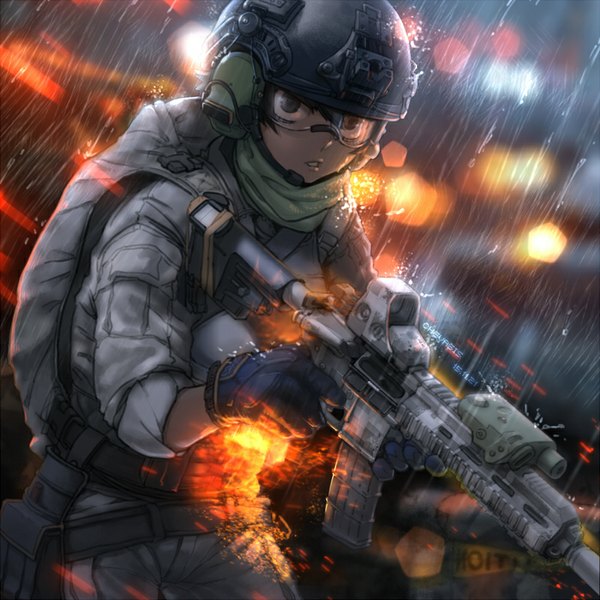 Anime picture 800x800 with original chevasis (artist) single looking at viewer fringe short hair black hair holding parted lips lips black eyes wet leaning leaning forward rain military girl gloves uniform weapon