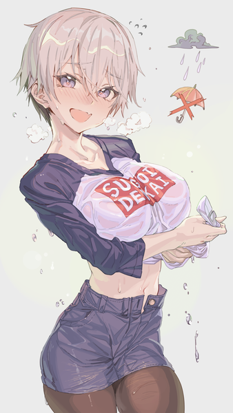 Anime picture 1240x2201 with uzaki-chan wa asobitai! uzaki hana hxxg single tall image looking at viewer blush fringe short hair breasts open mouth light erotic simple background smile hair between eyes large breasts purple eyes holding silver hair :d