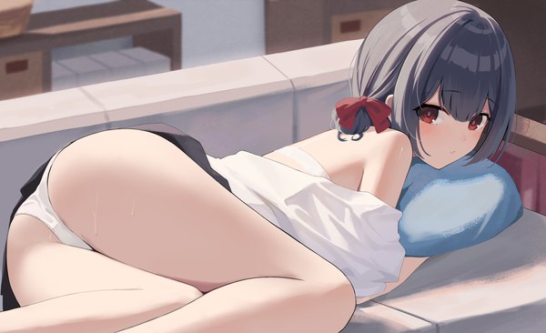 Anime picture 3508x2142 with idolmaster idolmaster shiny colors morino rinze gin00 single looking at viewer blush fringe highres short hair light erotic black hair red eyes wide image payot absurdres bent knee (knees) ass indoors lying