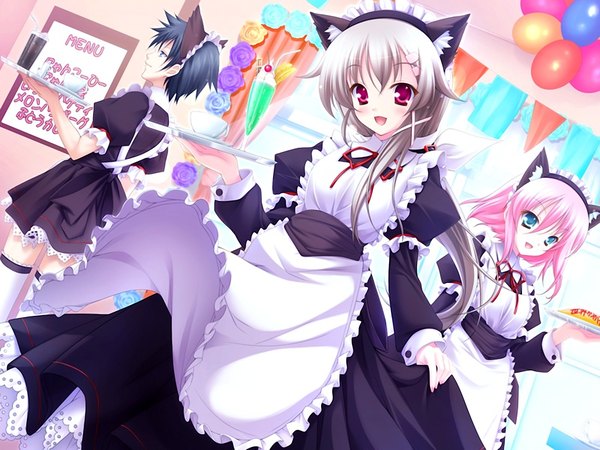 Anime picture 1024x768 with 11 eyes doga kobo long hair short hair open mouth blue eyes black hair multiple girls animal ears pink hair game cg pink eyes grey hair cat ears maid girl 3 girls