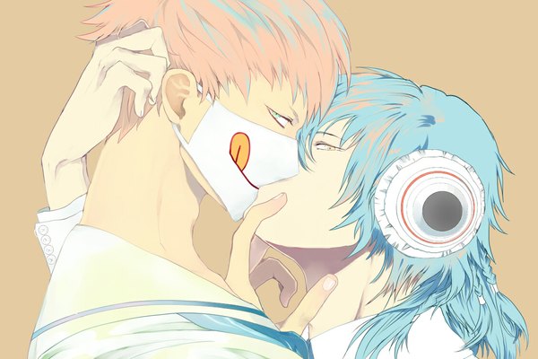 Anime picture 1125x750 with dramatical murder nitro+chiral aoba (dmmd) noiz (dmmd) tagme (artist) looking at viewer short hair blue eyes simple background yellow eyes blue hair pink hair profile multiple boys couple face to face kiss shounen ai brown background boy