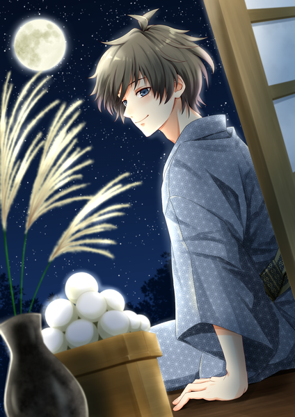 Anime picture 1447x2047 with tsukiuta nagatsuki yoru shelty single tall image fringe short hair blue eyes black hair smile sitting looking away ahoge traditional clothes japanese clothes night wide sleeves night sky boy plant (plants)