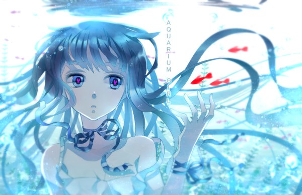 Anime picture 1440x933 with original shijuu hachi single long hair fringe blue eyes blue hair looking away inscription underwater girl ribbon (ribbons) animal heart fish (fishes) algae