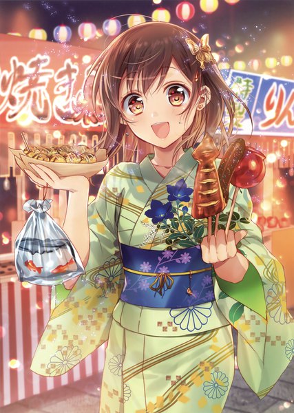 Anime picture 2494x3500 with original murakami yuichi single tall image highres short hair open mouth brown hair brown eyes traditional clothes japanese clothes scan festival kikumon girl hair ornament animal food obi fish (fishes)