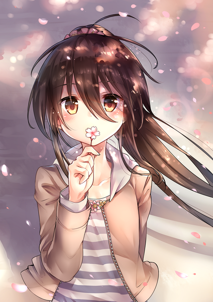 Anime-Bild 744x1053 mit shakugan no shana j.c. staff shana ks single long hair tall image looking at viewer blush fringe hair between eyes brown hair holding brown eyes upper body ahoge outdoors ponytail wind open jacket