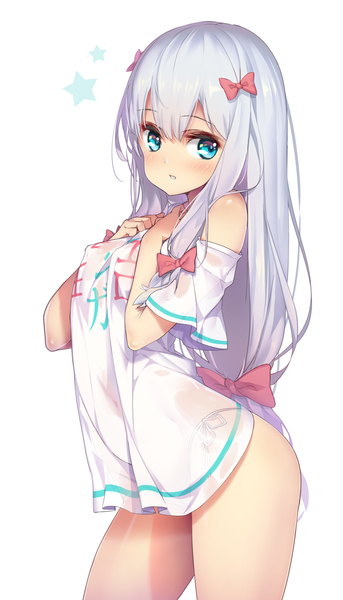Anime picture 2290x4005 with eromanga sensei a-1 pictures izumi sagiri hong (white spider) single long hair tall image looking at viewer blush fringe highres light erotic simple background hair between eyes standing white background payot silver hair parted lips aqua eyes