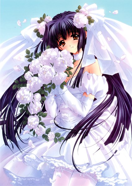 Anime picture 2123x3000 with kao no nai tsuki kuraki suzuna carnelian single long hair tall image looking at viewer blush fringe highres breasts smile hair between eyes standing bare shoulders holding payot sky cleavage purple hair