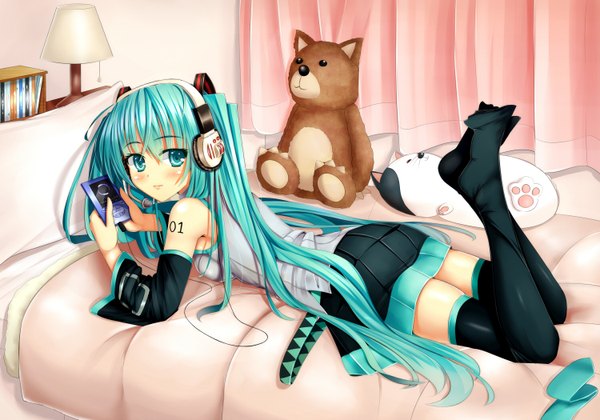 Anime picture 1500x1050 with vocaloid hatsune miku cafeore long hair looking at viewer blush twintails lying looking back aqua eyes aqua hair girl thighhighs skirt black thighhighs detached sleeves miniskirt headphones bed toy