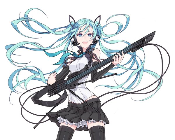 Anime picture 1100x880 with vocaloid hatsune miku kazuoki single long hair looking at viewer open mouth smile twintails bare shoulders aqua eyes aqua hair zettai ryouiki happy girl thighhighs skirt black thighhighs detached sleeves headphones