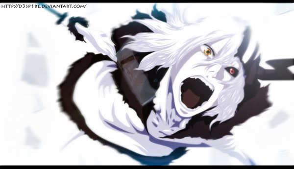 Anime-Bild 1372x789 mit bleach studio pierrot zangetsu schwarrtz single long hair open mouth simple background red eyes wide image white background yellow eyes white hair heterochromia coloring reflection letterboxed angry screaming boy