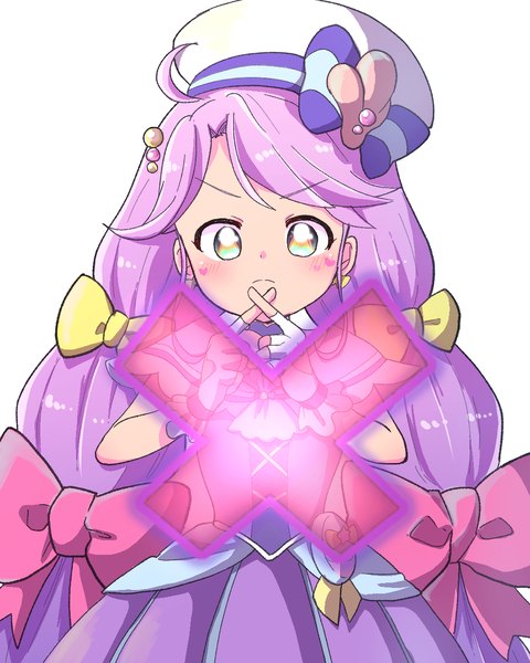 Anime picture 1024x1280 with precure tropical-rouge! precure toei animation suzumura sango cure coral jetracer single long hair tall image looking at viewer simple background white background purple hair ahoge multicolored eyes magical girl x fingers girl dress bow