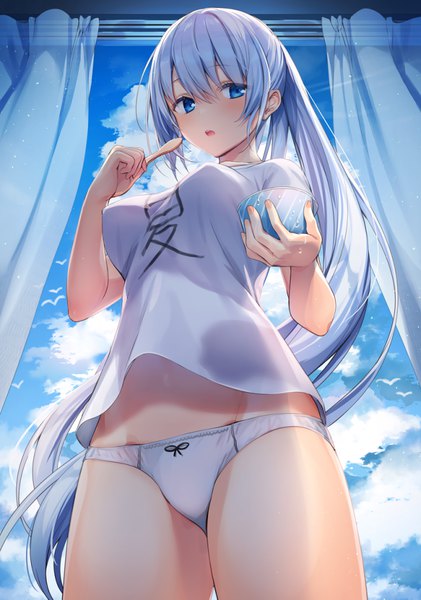 Anime picture 1103x1571 with original komeshiro kasu single long hair tall image blush fringe breasts open mouth blue eyes light erotic hair between eyes large breasts standing holding looking away sky silver hair cloud (clouds) ponytail