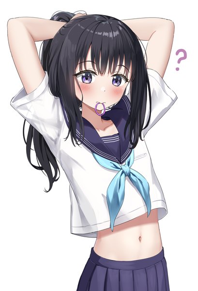 Anime picture 3541x5200 with original nedia (nedia region) single long hair tall image looking at viewer blush highres black hair simple background white background purple eyes holding payot absurdres ponytail pleated skirt arms up short sleeves midriff