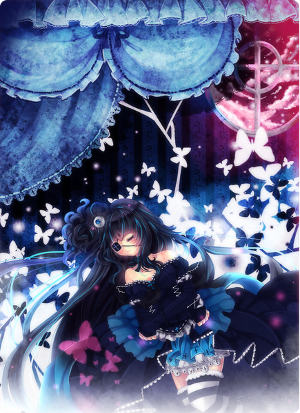 Anime picture 1232x1700 with original maruuki single long hair tall image blue eyes black hair bare shoulders eyes closed girl thighhighs dress detached sleeves black dress insect butterfly eyepatch striped thighhighs eye