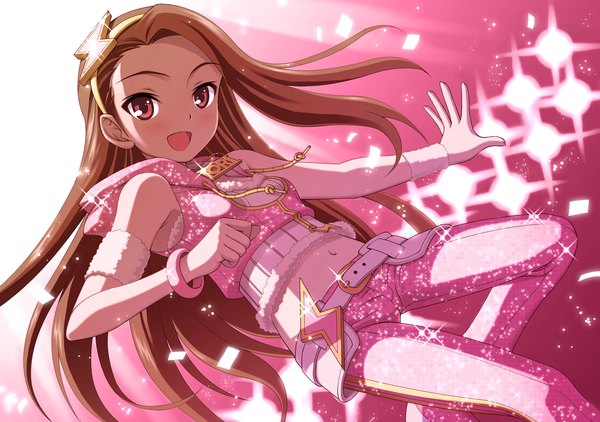 Anime picture 2480x1748 with idolmaster idolmaster (classic) minase iori nokia (harusion) single long hair highres open mouth red eyes brown hair million dreams girl bracelet belt jewelry wristlet