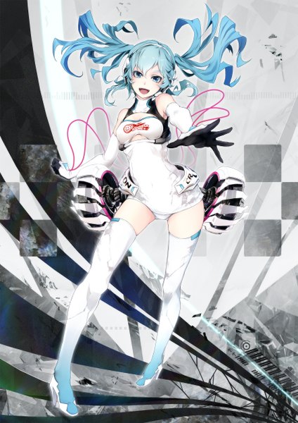 Anime picture 1767x2500 with vocaloid goodsmile racing hatsune miku racing miku racing miku (2014) ajigo single long hair tall image looking at viewer fringe highres breasts open mouth blue eyes light erotic standing twintails bare shoulders blue hair