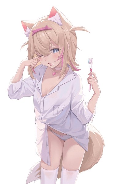 Anime-Bild 2927x4771 mit virtual youtuber hololive hololive english mococo abyssgard midori xu single tall image blush fringe highres short hair open mouth blue eyes light erotic simple background blonde hair hair between eyes standing white background animal ears